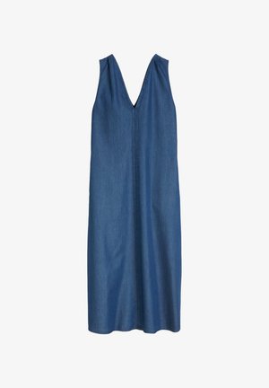 Jeanskleid, ärmellos mit tiefem V-Ausschnitt, gerader Schnitt. Aus mittelschwerem Stoff in einfarbigem Blau gefertigt, mit Nahtdetails.