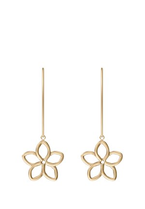 Zarte goldene Ohrringe in Form von offenen fünfblättrigen Blumen, die an dünnen senkrechten Haken hängen.
