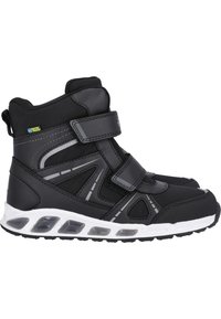 Sorte høje sneakers med et struktureret tekstiloverdel, reflekterende detaljer, velcro-stropper og en hvid polstret sål med synlige luftlommer.
