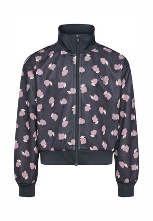 Dunkelgraue Reißverschlussjacke mit pinkem und hellpinkem abstraktem Blumenmuster, hohem Kragen, elastischen Bündchen und Saum.
