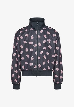 Dunkelgraue Reißverschlussjacke mit pinkem und hellpinkem abstraktem Blumenmuster, hohem Kragen, elastischen Bündchen und Saum.