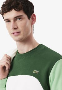 Sudadera verde con acentos en blanco y verde claro. Presenta un cuello acanalado y un pequeño logo de cocodrilo bordado en el pecho. Tela suave.