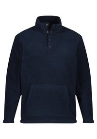 Pullover in pile blu navy con colletto alto, pattina a tre bottoni e tasca frontale a marsupio. Presenta un tessuto testurizzato e logo ricamato.