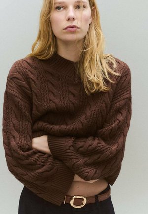 Pull en tricot brun avec des manches longues et une coupe décontractée, doté d'un décolleté en V profond et de poignets côtelés. Porté avec une ceinture marron.