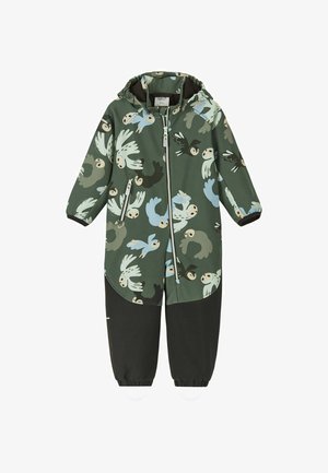 Tuta per bambini verde e nera con cappuccio, zip frontale, stampa di uccelli sulla parte superiore e polsini elastici con cinturini per i piedi alle gambe.