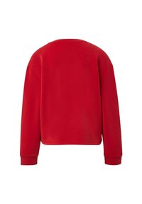 Czerwona bluza zrelaksowanym kroju, okrągłym dekoltem i długimi rękawami. Gładki materiał, skrócony dół i ściągacze przy rękawach. Brak wzorów i akcentów.