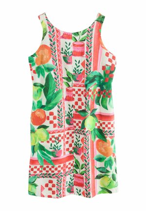 Blumenkleid aus leichtem Stoff mit einem bunten Muster aus Orangen, Zitronen und grünen Blättern auf weißem Hintergrund.
