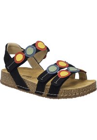 Schwarze Wildleder-Sandalen mit drei breiten Riemen und bunten kreisförmigen Akzenten in Rot, Blau und Gelb; konturierte Korkfußbett mit strukturierter Sohle.