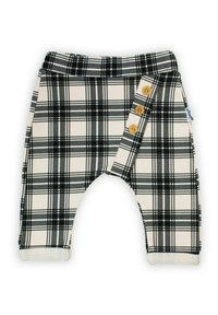 Beżowo-czarne spodnie w kratę. Miękki, elastyczny materiał z trzema drewnianymi guzikami po lewej stronie oraz mankietami przy nogawkach.