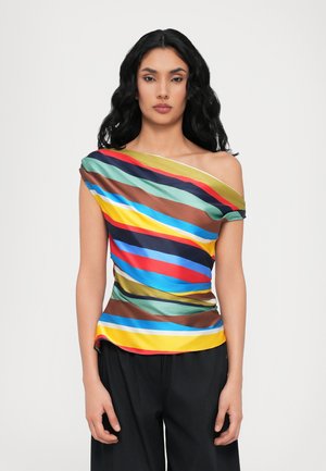 Kleurrijke, asymmetrische top met diagonale strepen in kleuren zoals blauw, rood, groen en geel. Gemaakt van een soepele, lichte stof.