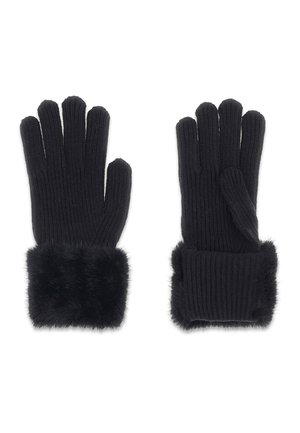 Paire de gants noirs en maille côtelée avec des poignets en fourrure moelleuse, présentés de face et de dos sur un fond blanc.