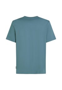 Kortærmet T-shirt i dæmpet teal farve, lavet af bomuld, med rund hals og lige pasform uden synlige mønstre eller grafik.