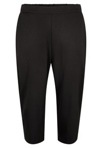 Pantalons noirs raccourcis en tissu doux et extensible. Dotés d'une taille élastique et d'une texture lisse. Design simple sans motifs visibles.