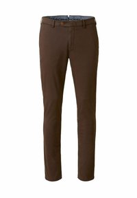 Pantalon en coton marron avec une coupe ajustée. Caractéristiques d'une fermeture à bouton et des passants de ceinture. Texture lisse et détails de couture subtils.