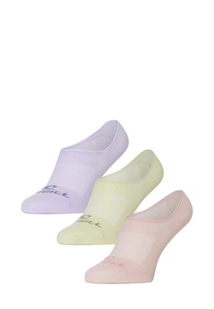 Trois paires de chaussettes de cheville en lavande, vert clair et rose. Elles présentent un motif texturé et un logo imprimé près du orteil dans des couleurs contrastées.