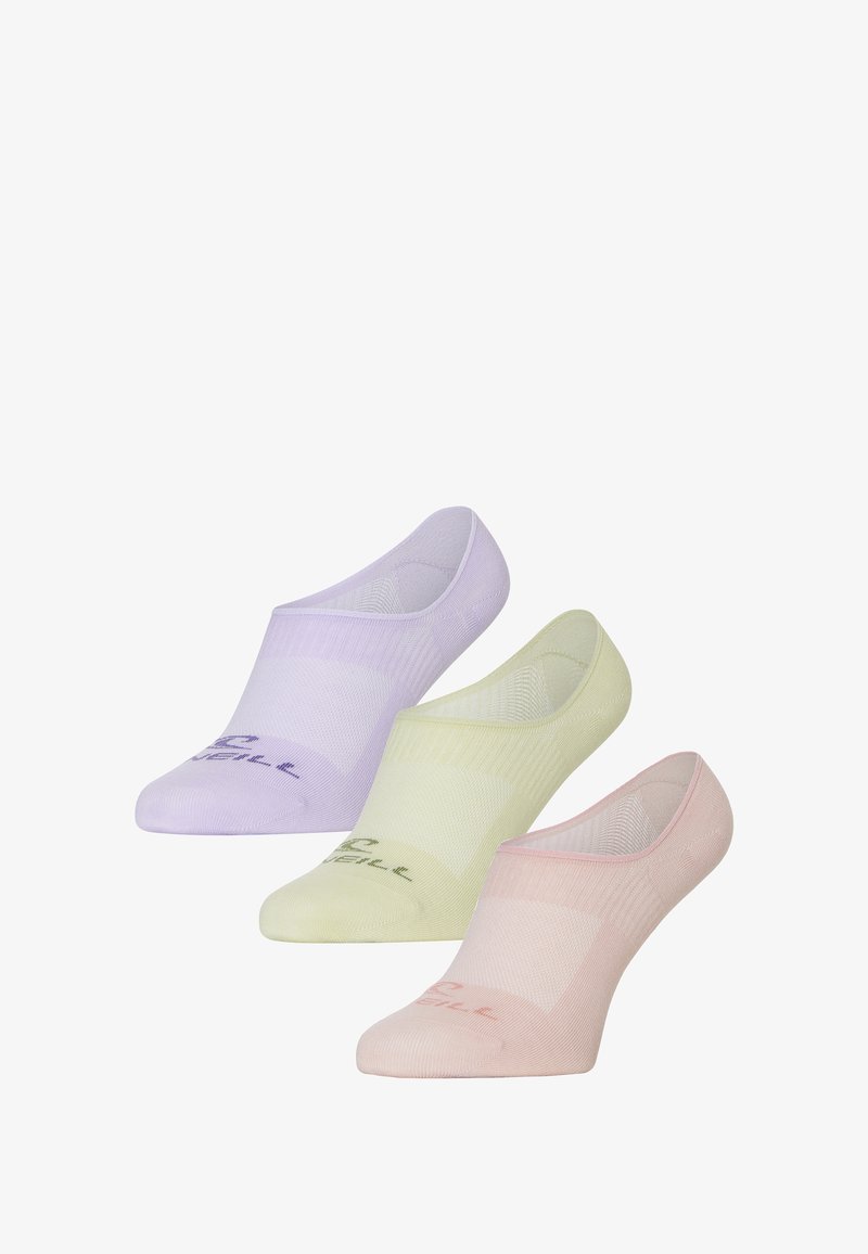 Drie paar enkelsokken in lavendel, lichtgroen en roze. Ze hebben een gestructureerd patroon en een logo dat in contrasterende kleuren vlakbij de teen is gedrukt.