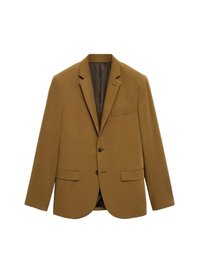 Brown blazer, single-breasted design, notched lapels, two front pockets, one chest pocket, two buttons, smooth texture, unlined interior.