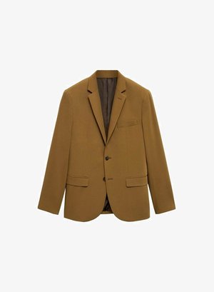 Hnedý blazer, jednoradový dizajn, výpustkové klopy, dva predné vrecká, jedno vrecko na hrudi, dva gombíky, hladká textura, nevyšívaný interiér.