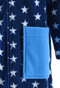 Blue fleece robe featuring a navy background with white stars, and a light blue patch pocket on the front side. Soft texture.