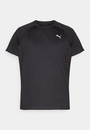 Black athletic t-shirt made from smooth, breathable fabric. Features short sleeves and a subtle white Puma logo on the chest.