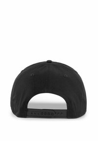 Schwarze Baseballmütze mit strukturiertem Design, Stofftextur und einem verstellbaren Plastikriemen auf der Rückseite; keine sichtbar Logos oder Verzierungen.
