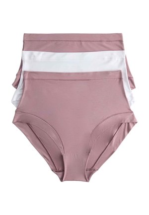 Trzy złożone damskie majtki z wysokim stanem w kolorach mauve, białym i mauve, ułożone na białym tle.