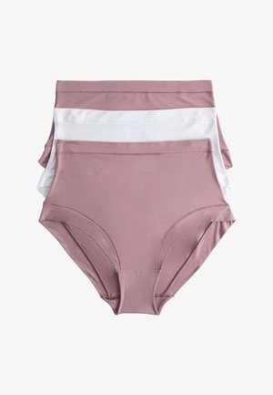 Tre foldede højtaljede dameundertøj i mauve, hvid og mauve, stablet på en hvid baggrund.