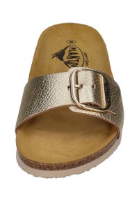 Gold metallic slide sandal with a wide textured strap and a square buckle, featuring a flat cork-style sole and a suede footbed.