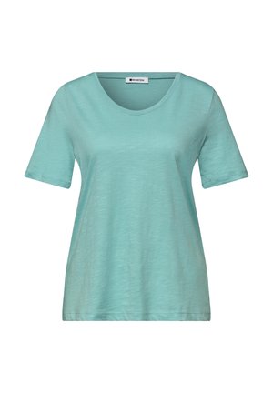 Jasnoturkusowy T-shirt z krótkim rękawem i okrągłym dekoltem, o luźnym kroju i gładkiej strukturze materiału, przedstawiony na jednolitym tle.