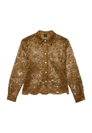 Brown lace shirt with a collared design, long sleeves, and front buttons. Features a floral pattern and a scalloped hemline.