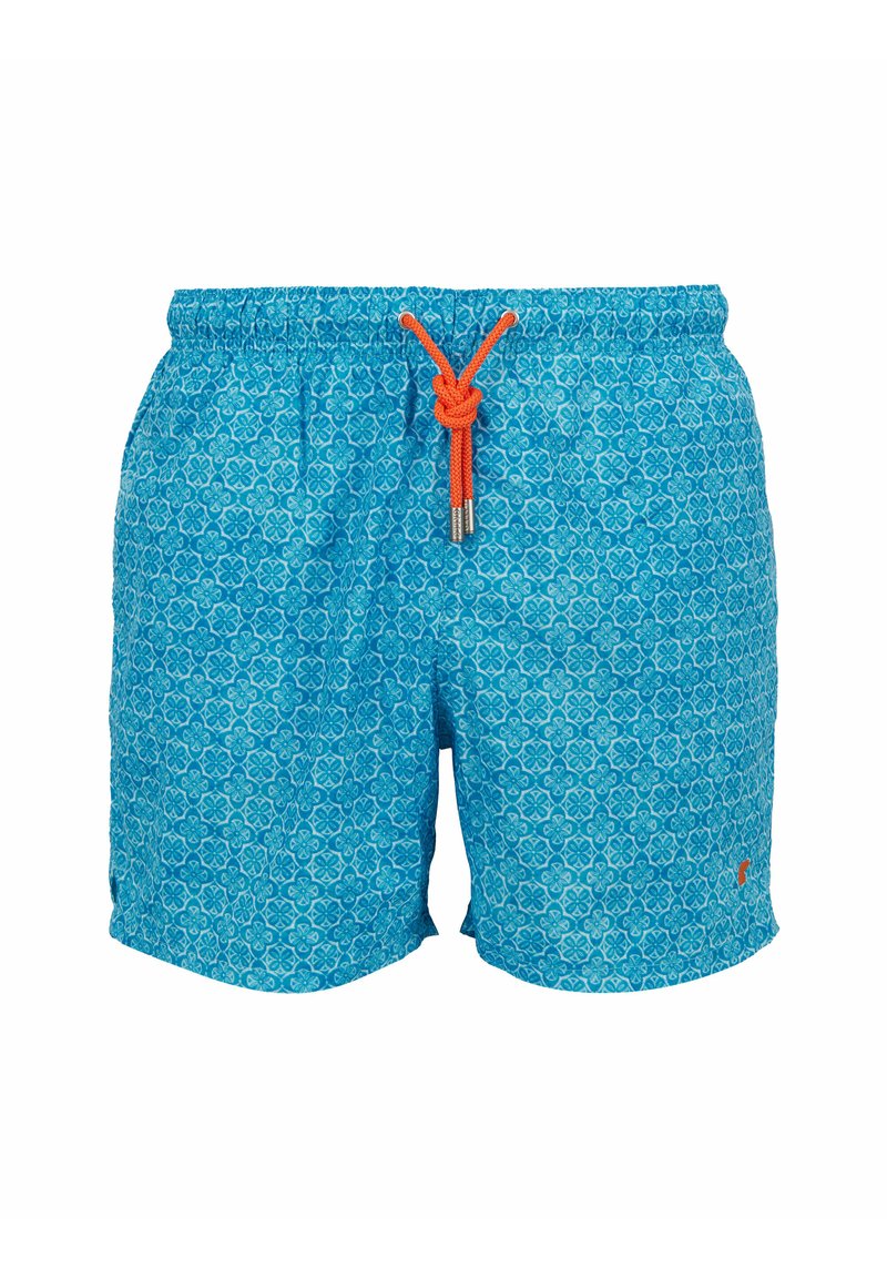 Costumi da bagno blu a fantasia con vita regolabile, caratterizzati da un cordoncino arancione a contrasto e un piccolo logo nell'angolo in basso a destra.