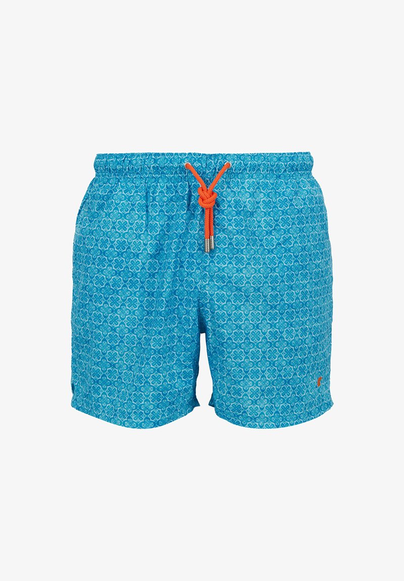 Costumi da bagno blu a fantasia con vita regolabile, caratterizzati da un cordoncino arancione a contrasto e un piccolo logo nell'angolo in basso a destra.
