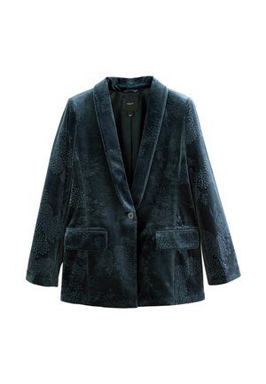 Samtblazer in tiefem Teal mit floralem Muster. Mit Reverskragen, einem Knopfverschluss und zwei vorderen Taschen.