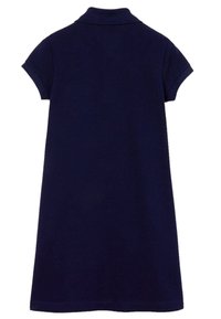 Robe polo bleu marine à manches courtes, avec un col, une coupe droite et une texture lisse. Design de dos simple et sans ornement.