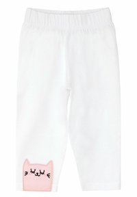 Valkoiset puuvillaleggingsit, joissa on joustava vyötärö, ja vasemmassa lahkeessa on vaaleanpunainen kissan kasvot -pitsi. Sileä rakenne, slim fit -design.