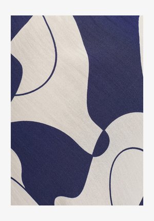 Abstraktne kangad, millel on tumesinine ja kreemjas valge kujundus, kumerad vormid, sile tekstuur ning silmapaistev kontrast värvide vahel.