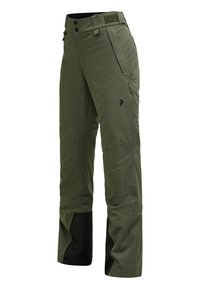 Waterdichte groene skibroek met zwarte onderkanten, met een tapered fit, verstelbare tailleband en zijzakken met rits.