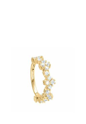 Gold hoop earring adorned with multiple small round clear gemstones arranged evenly around the outer edge.