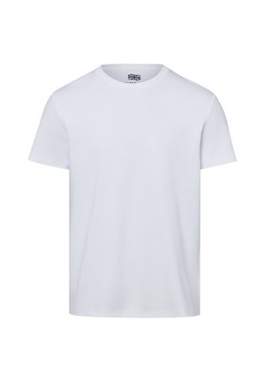 Schlichtes weißes T-Shirt mit kurzen Ärmeln und Rundhalsausschnitt, mit einem kleinen schwarz-weißen Etikett innen im Kragen.