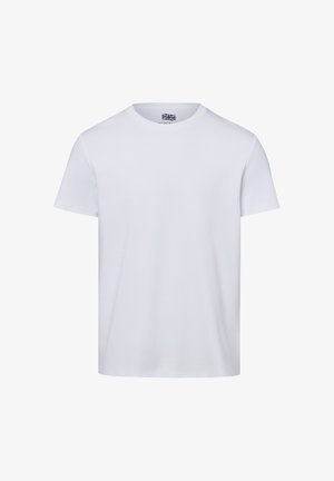 Schlichtes weißes T-Shirt mit kurzen Ärmeln und Rundhalsausschnitt, mit einem kleinen schwarz-weißen Etikett innen im Kragen.