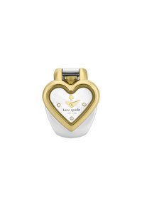 Heart-shaped perfume bottle with a metallic gold and white finish, featuring a spade logo, clear dial, and diamond-like accents.