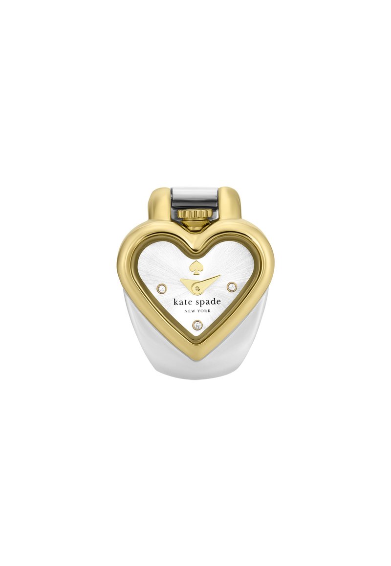 Heart-shaped perfume bottle with a metallic gold and white finish, featuring a spade logo, clear dial, and diamond-like accents.