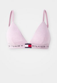 Rosa bomull bralette med trekantkopper, justerbare stropper og logo-belte med mørk skrift og et dekorativt logo-patch.