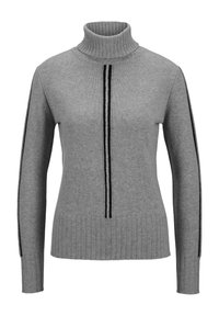 Grauer Rollkragenpullover mit geribbtem Kragen und Bündchen. Verfügt über zwei vertikale schwarze Streifen auf der Vorderseite und ein tailliertes Design.