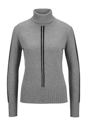 Grauer Rollkragenpullover mit geribbtem Kragen und Bündchen. Verfügt über zwei vertikale schwarze Streifen auf der Vorderseite und ein tailliertes Design.