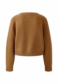 Bruine gebreide sweater met een cropped ontwerp, geribde manchetten en zoom, en een klein zilveren accent op de achterkant. Zachte textuur, casual pasvorm.