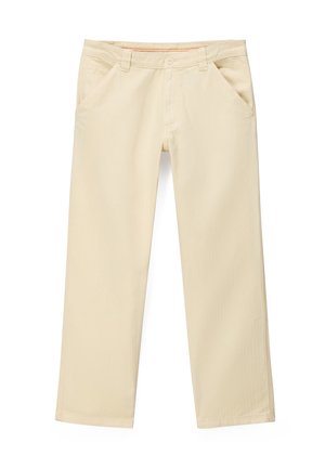Pantaloni beige a gamba dritta con tasche laterali, passanti per cintura e chiusura con bottone in vita.