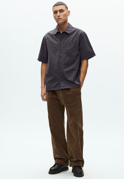 Noor mees seisab, kandes tumehalli lühikeste varrukatega nööbitavat särki, pruune sametpükse ja musti kingi ühevärvilise tausta ees.