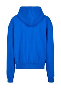 Blå hættetrøje med cropped design, der har ribbede manchetter og kant. Glat tekstur og ensfarvet uden mønstre eller detaljer.