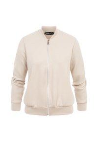 Veste bomber beige à fermeture éclair, avec poignets, col et ourlet côtelés, présentée sur un fond blanc.